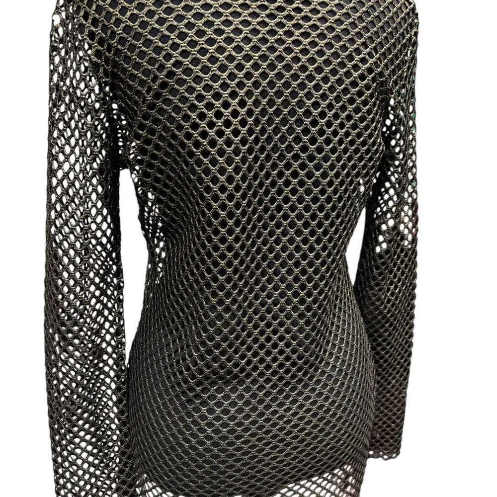 Fashion Nova Black and Gold Mesh long sleeve Top size XL